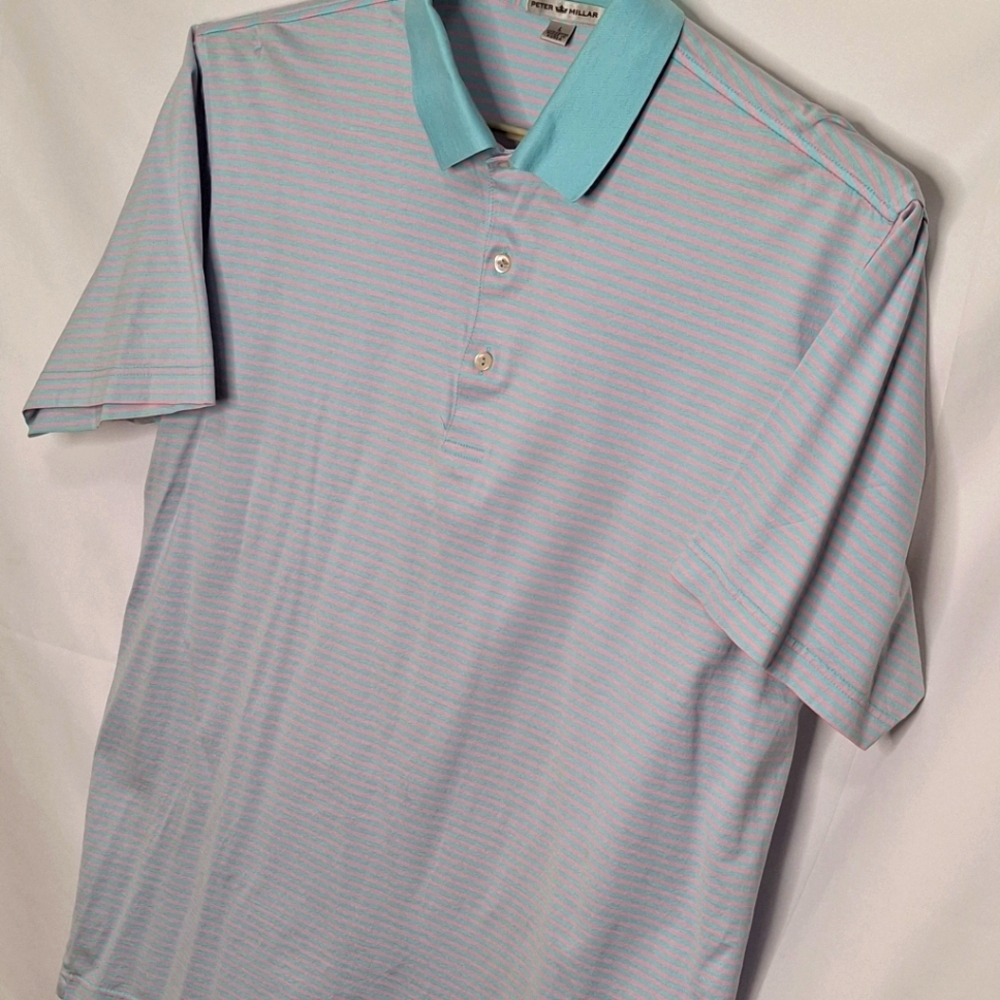 Peter Millar SS Striped Cotton Polo Shirt Large - Picture 2 of 12